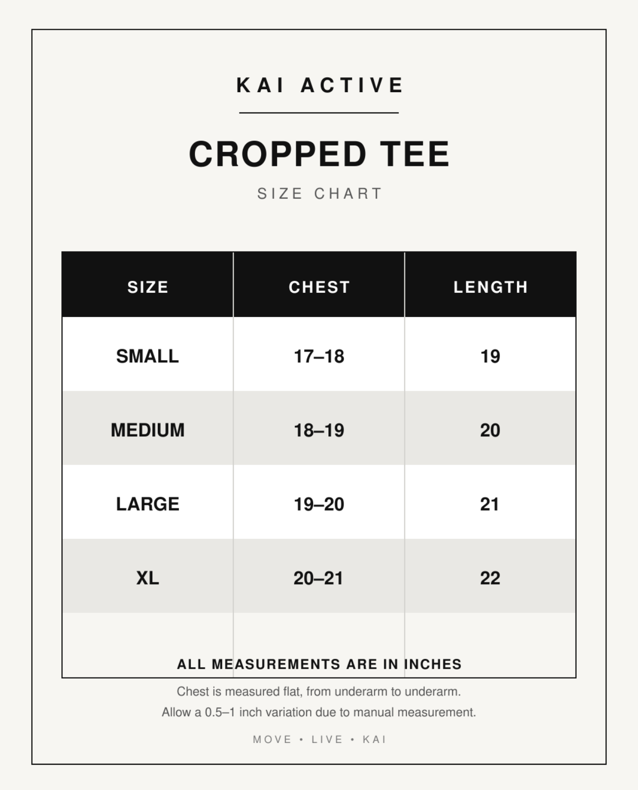 KAI Active Size Chart