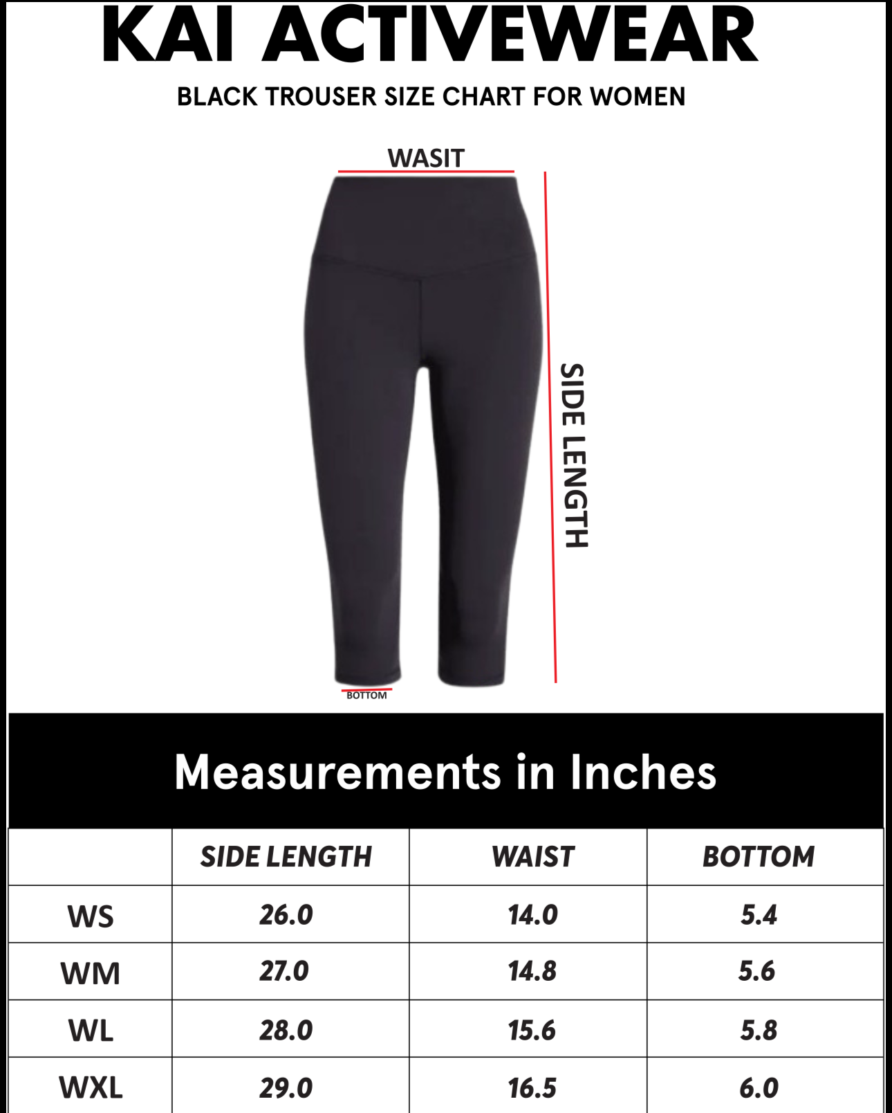 KAI Active Size Chart